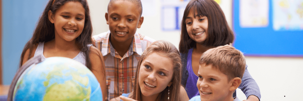 children learning geography with globe