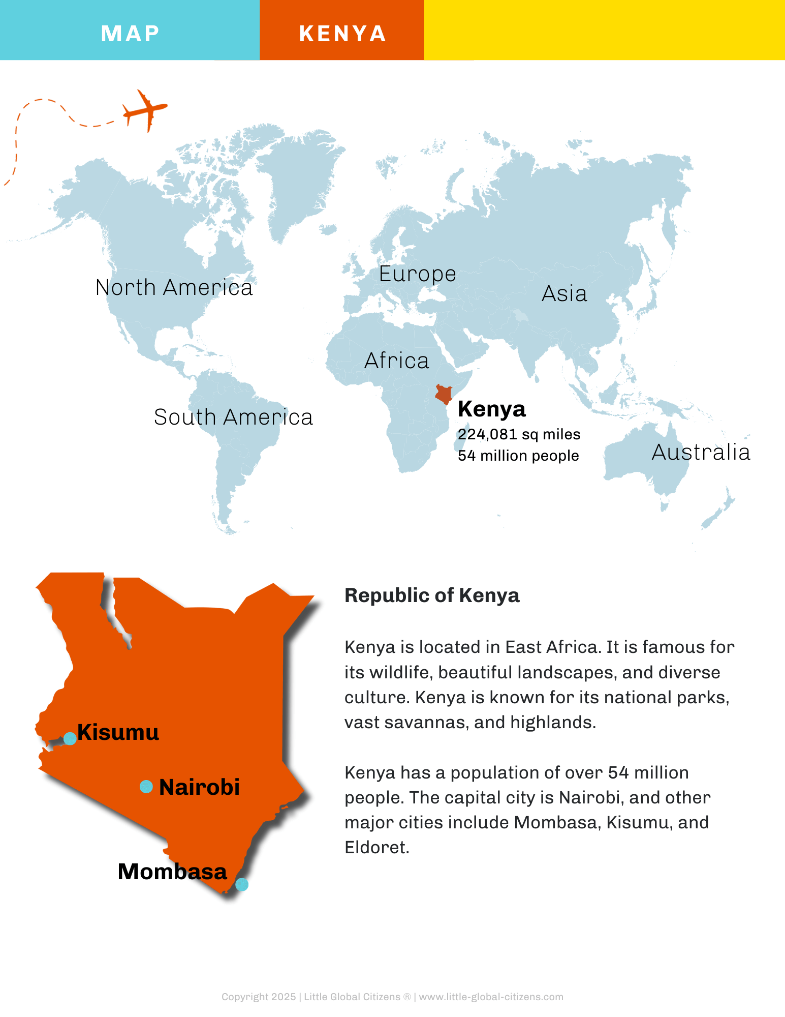 Map of Kenya on a world map with additional information about the country.